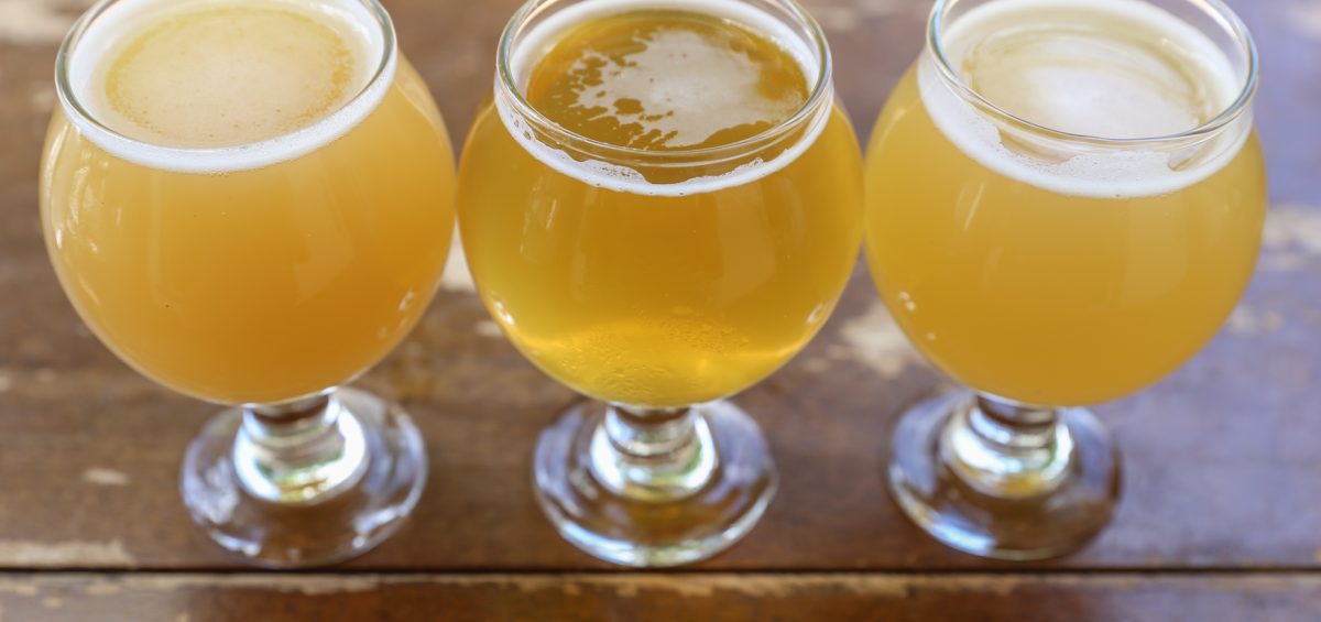 Flight of hazy and clear beers in small tulip style glasses