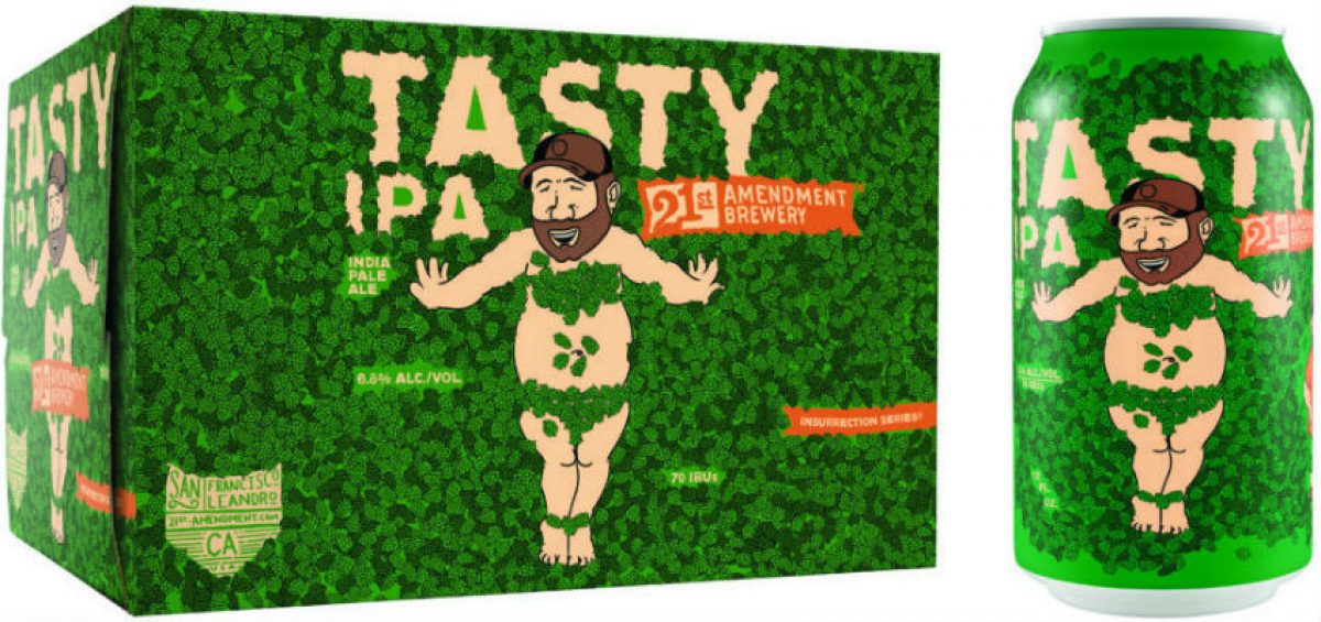 Tasty packaging by 21st Amendment Brewery with cartoon of Tasty character naked but covered in hops