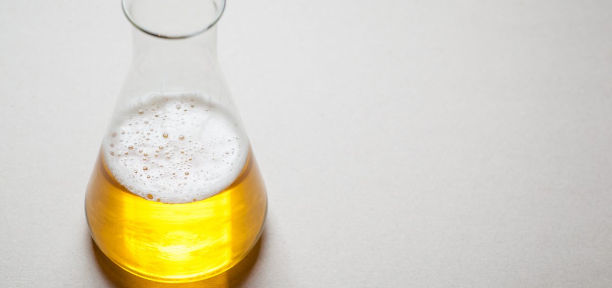 Light beer in a chemical flask on a smooth gray table