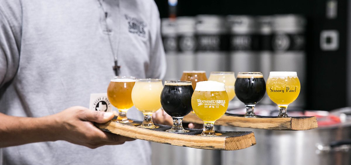 Weathered Souls Brewing Company flight of beers on tray